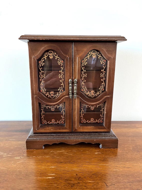 Vintage Armoire Style Jewelry Box, Ring Holder, Necklace Holder, Earring Holder - Gold tones