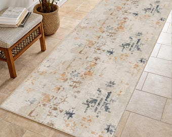 Vintage Distressed Hallway Runner, Faded Abstract Beige Kitchen Carpet, Non Slip