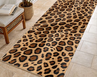 Leopard Print Rug Runner, Safari Animal Pattern, Washable Hallway Carpet