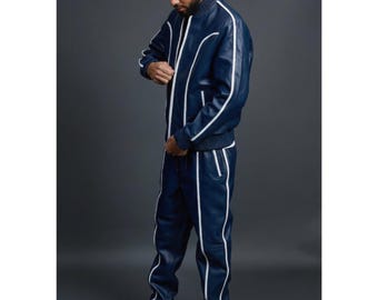 Men's Brayden Leather Track Suit [Navy/White] Sweatsuit Genuine lambskin leather