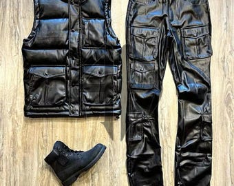 Men’s Leather Puffer Vest & Cargo Pants Suit | Genuine Leather Outfit | Utility Set | Biker Streetwear