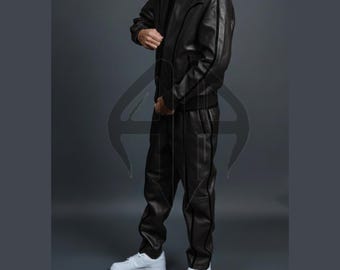 Men's Brayden Leather Track Suit (Black) Sweatsuit Genuine soft lambskin leather