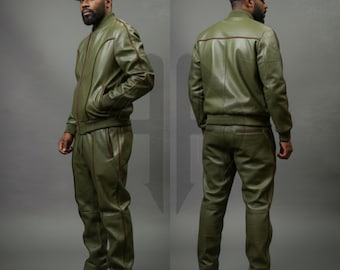 Chándal de piel para hombre BRAYDEN (verde oliva/marrón) Conjunto deportivo de piel de cordero auténtica y suave