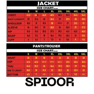 May include: A size chart for jackets and pants/trousers, with measurements in inches. The chart includes chest, back length, shoulder, sleeve, hip, bicep, and cuff measurements for jackets. Pants measurements include waist, hip, thai, hem to length, and bottom.