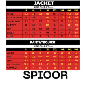 May include: A size chart for jackets and pants/trousers, with measurements in inches. The chart includes sizes S to 5XL, detailing chest, back length, shoulder, sleeve, hip, bicep, cuff, waist, thigh, hem to length, and bottom measurements.