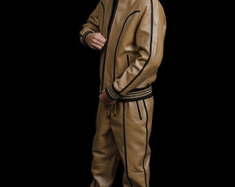 Men's BRAYDEN leather tracksuit (Khaki\Black) Sweat Suit Real lambskin leather