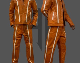 Herr BRAYDEN läderträningsoverall (Orange\Vit) Träningsoverall Äkta lammskinn