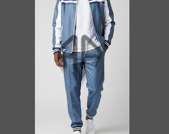 Chándal de cuero estilo universitario para hombre [Azul\Blanco] Piel de cordero suave auténtica / Chándal