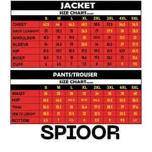 Puede incluir: Una tabla de tallas para chaquetas y pantalones, con medidas en pulgadas. La tabla incluye tallas de la S a la 5XL, detallando medidas de pecho, largo de espalda, hombro, manga, cadera, b&iacute;ceps, pu&ntilde;o, cintura, muslo, largo del dobladillo y bajo.