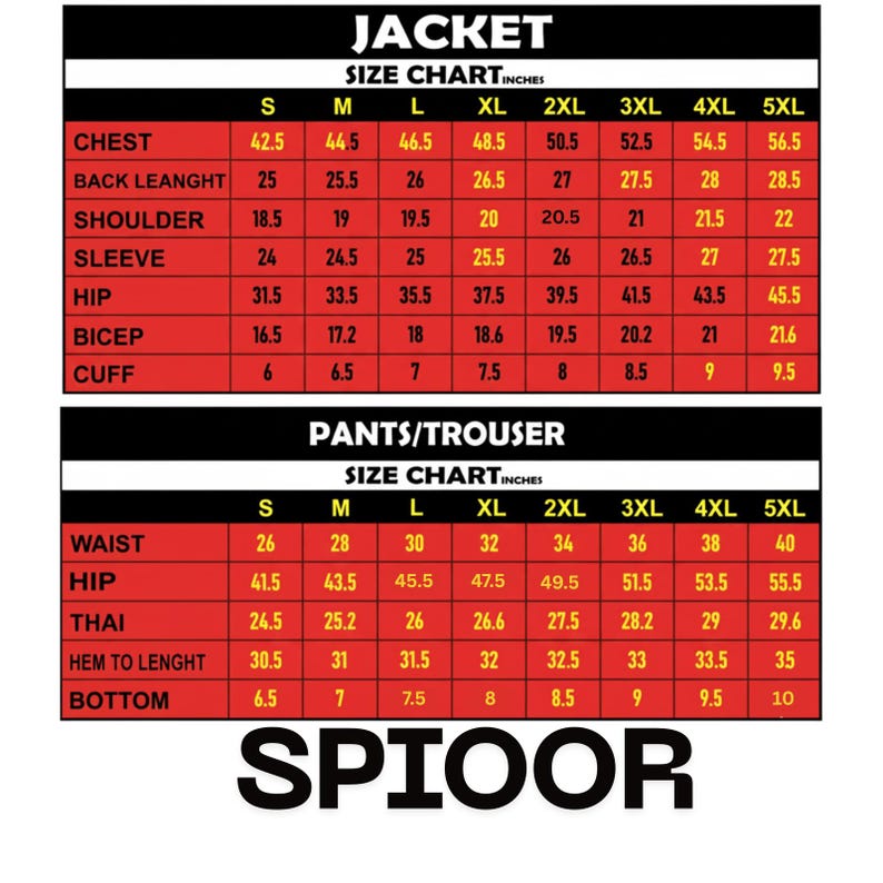 Puede incluir: Una tabla de tallas para chaquetas y pantalones, con medidas en pulgadas. La tabla incluye tallas de la S a la 5XL, detallando medidas de pecho, largo de espalda, hombro, manga, cadera, b&iacute;ceps, pu&ntilde;o, cintura, muslo, largo del dobladillo y bajo.