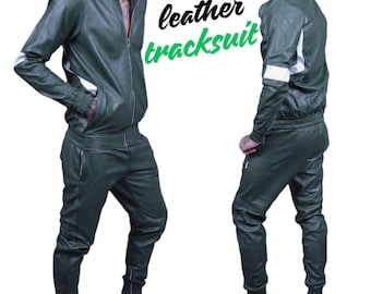 Men’s BRAYDEN Real Lambskin Leather Tracksuit Sweatsuit |Dark green| Streetwear | Moterbiker Style