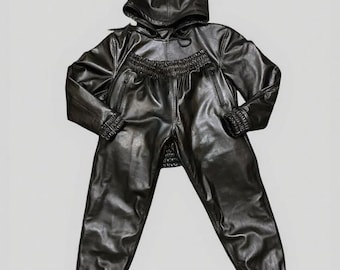 Men's Real Black 100% Lambskin Leather Hoodie & Joggers Tracksuit Set Sweatsuit Jogging Biker