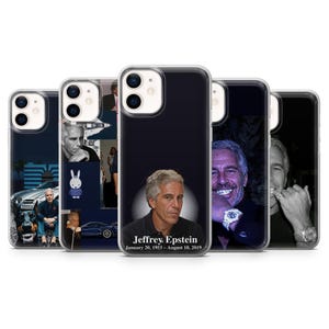 Könnte beinhalten: Eine Sammlung von Handyhüllen mit Bildern eines Mannes. Eine Hülle trägt den Text "Jeffrey Epstein January 20, 1953 - August 10, 2019". Die Hüllen haben einen schwarzen Rand und sind für Smartphones konzipiert.