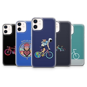 May include: Five phone cases with bicycle-themed designs. The cases feature illustrations of bicycles, cyclists, and the text "BIKE LOVE". The colour palette includes blue, pink, and black.