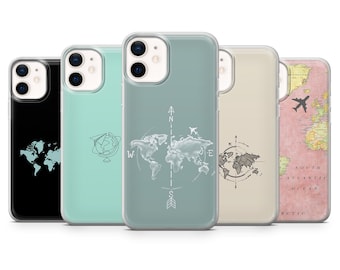 May include: A collection of five phone cases with world map designs. The cases feature various colors, including black, mint green, and beige. Each case has a unique map graphic, with compasses, airplanes, and world map outlines. The cases are designed for a smartphone.