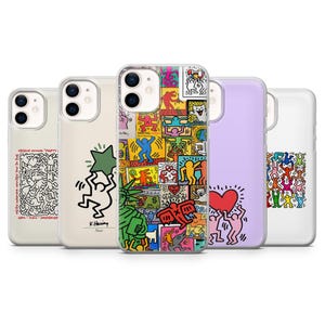 May include: Five phone cases with pop art designs in various colours. The cases display graphics such as dancing figures, a heart, and the Statue of Liberty. The designs are in a vibrant and eye-catching style.