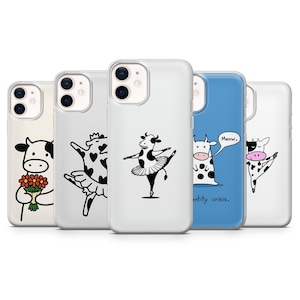 May include: A collection of five phone cases with whimsical cow illustrations. Designs include a cow holding flowers, a cow in a tutu, and a cow with the text "Meow." The cases are in various colors, including white and blue.