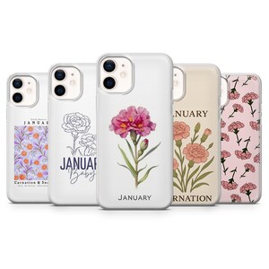 Mobilskal med födelseblomma och nejlika i januari för iPhone 17Pro Max, 16, 15, 14, 13, 12, Samsung S26, S25, S24, S23Fe, A16, A56, Pixel 10, 9Pro