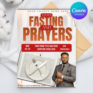 May include: A promotional flyer with the words "FASTING AND PRAYERS" in large orange letters. The flyer includes the text "YOUR CHURCH NAME HERE", "3 DAYS", "MAR 26-28", and "6PM PRAYER DAILY". A plate with a fork and knife is on top of an open book. A man in a suit is in the bottom right corner.