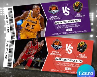 May include: Two basketball-themed birthday party tickets. One ticket features a purple background with the text "Storm Breakers vs Night Strikers" and "Happy Birthday Alex!" The other ticket has a red background.