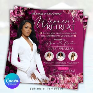 Pode incluir: Um flyer rosa para um retiro feminino, com uma mulher em um blazer branco. O design inclui elementos florais e texto que promove o autocuidado e a renovação espiritual, hospedado por Danielle Carter.