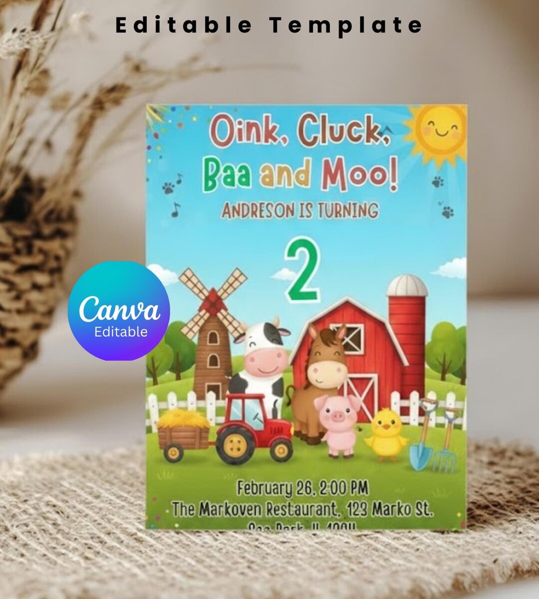 Editable Boy Barnyard Farm Animals Ranch Kids Birthday Invitation ...