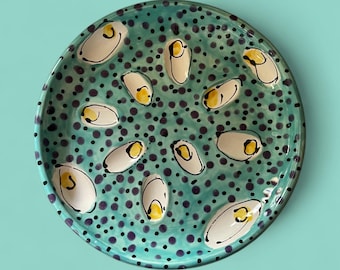 Handmade Ceramic Colorful Majolica Deviled Egg Platter