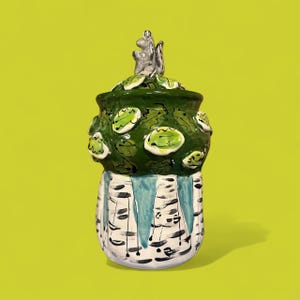 Birches Jar with Squirrel Lid, Majolica Glaze Earthenware