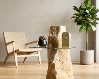 Natural Stone Accent Table | Organic Pedestal, Glass Top, Modern Living Room Decor