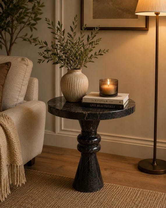 Handcrafted Black Marble Pedestal Side Table, Modern Luxury Natural Stone Accent Furniture