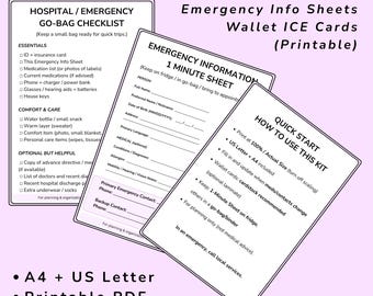 May include: A printable Memory Care Mini Crisis Kit with emergency information sheets and wallet ICE cards. Includes a hospital/emergency go-bag checklist, a 1-minute sheet, and instructions. The kit is available in US Letter and A4 sizes, as a printable PDF.