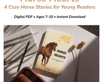 May include: A book titled "Horse Hearts" with a brown horse illustration on the cover. The book is accompanied by a pencil, a notepad, and dried flowers. Text on the cover reads "4 Cozy Horse Stories for Young Readers" and "Digital PDF • Ages 7-10 • Instant Download."