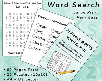 May include: A stack of three word search puzzle books with the text "Senior Friendly Word Search". The top book is titled "Animals & Pets" and includes a pencil. The other two books are titled "Cat Life" and "Farm Animals".