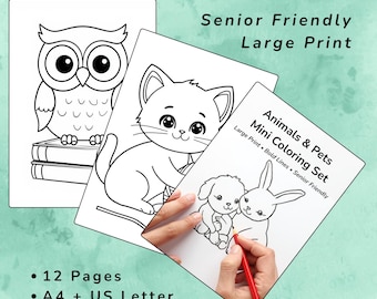 May include: Three coloring pages featuring animal illustrations. The top page shows an owl on books, the middle page a cat, and the bottom page a mini coloring set with a dog and rabbit. Text includes "Animals Coloring Pages", "Senior Friendly", and "Large Print".