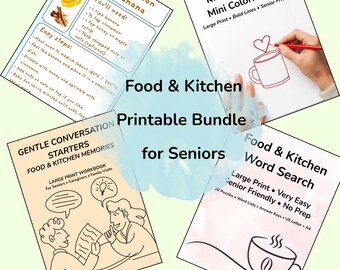 Senior Kitchen Activity Bundle, Large Print Word Search, Recipes, Conversation Starters (Digital Download)