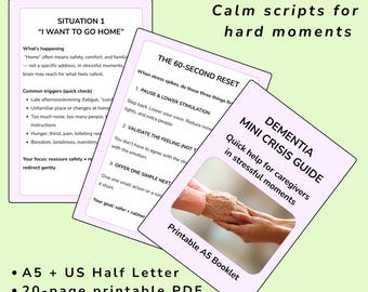 May include: A stack of printable A5 booklets titled "Mini Crisis Guide" for dementia caregivers. The guide offers calm scripts for hard moments and quick help in stressful situations. The booklets are available as a 20-page PDF for instant download.