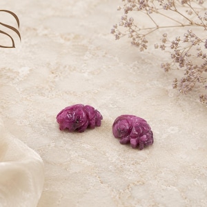Puede incluir: Dos pequeñas tallas de piedras preciosas de color magenta intenso con forma de escarabajos. Cada pieza presenta segmentos redondeados intrincados y una textura superficial pulida y brillante, mostrando las variaciones naturales de la piedra.