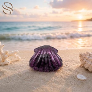 May include: A deep purple, translucent glass seashell figurine with a ribbed, fan-shaped design. The object features a glossy, reflective surface that catches the light, showcasing its intricate, curved ridges and scalloped edges.