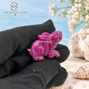 Puede incluir: Una pequeña talla de piedra preciosa de color magenta intenso, pulida y con forma de conejo. La figura del conejo presenta orejas talladas, un cuerpo redondeado y una textura de superficie lisa y reflectante.