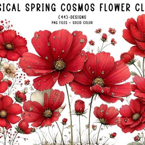 Puede incluir: Clipart de flores de cosmos primaverales caprichosas con flores rojas vibrantes con centros dorados y detalles delicados. La imagen incluye (44) diseños en archivos PNG con un color sólido. Perfecto para proyectos de arte digital.