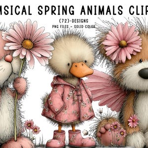 Puede incluir: Ilustración digital de animales primaverales caprichosos. Un conejito rosa, un patito con abrigo y botas florales rosas y un oso pardo con alas rosas, cada uno adornado con flores. El texto "WHIMSICAL SPRING ANIMALS CLIPART" está en la parte superior.