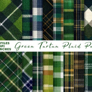 Może przedstawiać: Kolekcja zielonych wzorów w kratę tartan w różnych odcieniach, od szmaragdu po oliwkę. Obraz przedstawia różnorodne wzory, z tekstem "Green Tartan Plaid Patterns" i szczegółami pliku.