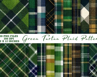 50 Green Tartan Plaid Digital Papers Bundle, Seamless Plaid Patterns PNG, St Patrick’s Day Scrapbook Backgrounds 12x12 Textures