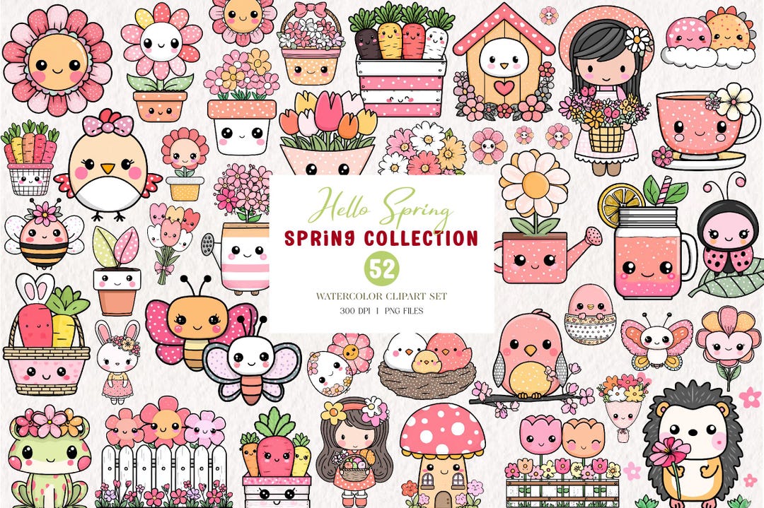 52 Spring Clipart PNG Bundle, Cute Kawaii Spring Graphics, Hello Spring ...