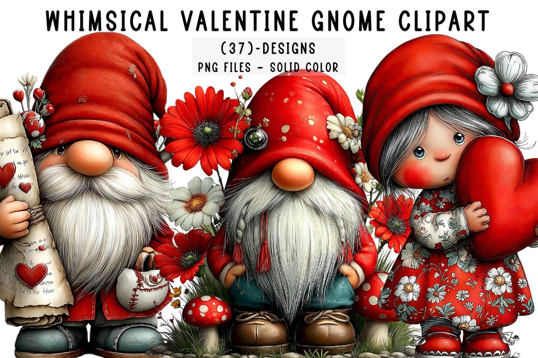 37 Whimsical Valentine Gnome Clipart PNG / Cute Love Gnomes / Valentine ...