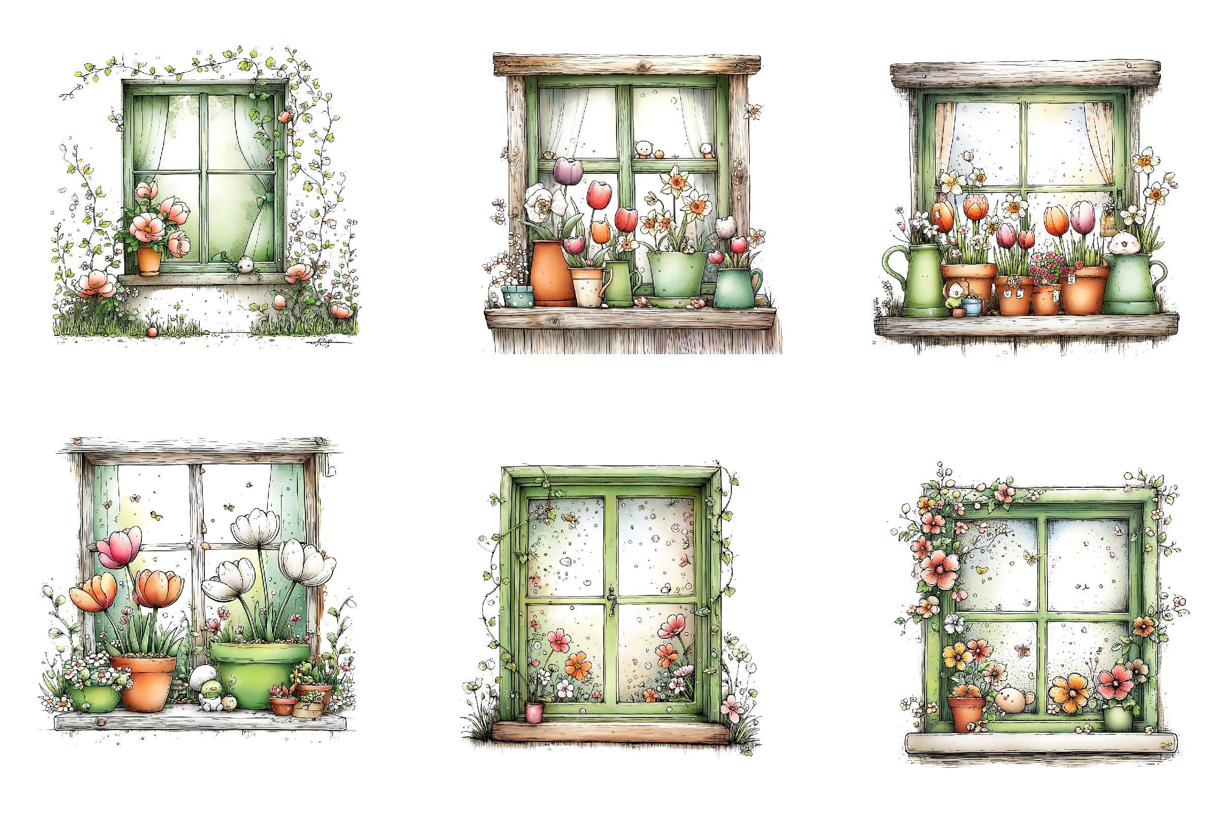52 Spring Window Clipart PNG Bundle, Watercolor Floral Window Frames ...