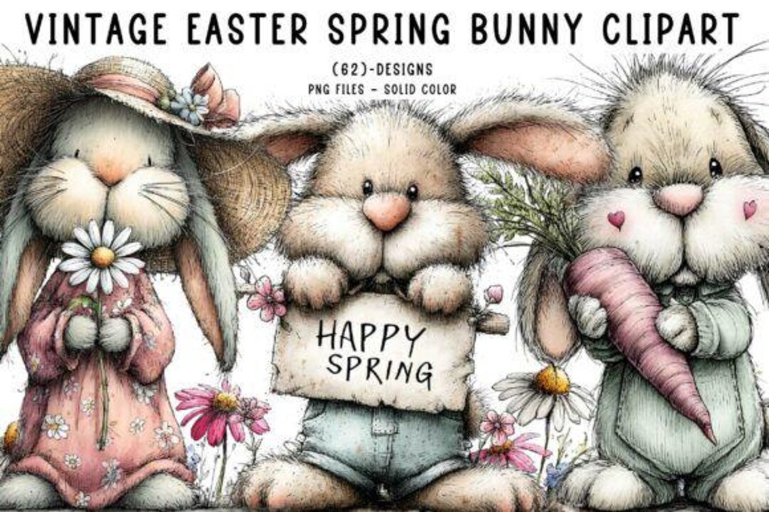 Retro Easter Spring 62 Vintage Easter Spring Bunny Clipart Bundle, Cute Retro Rabbit PNG ...