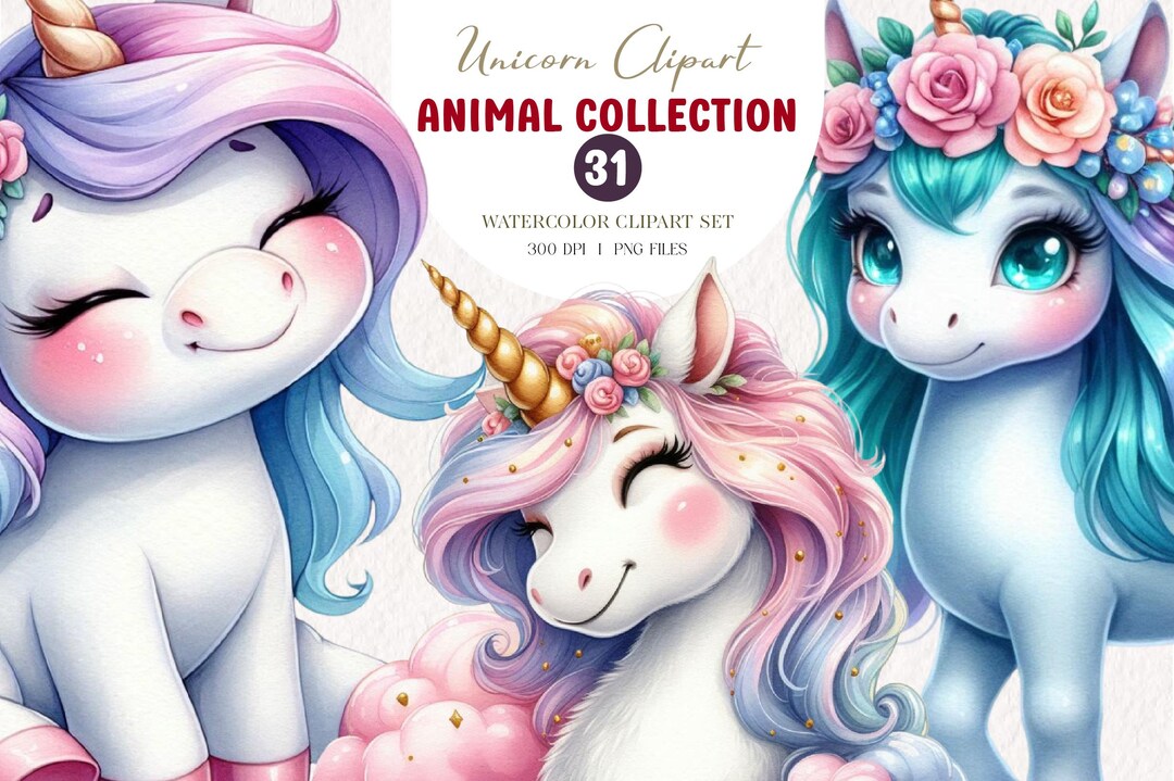 31 Unicorn Watercolor Clipart PNG Bundle, Cute Pastel Fantasy Unicorn ...