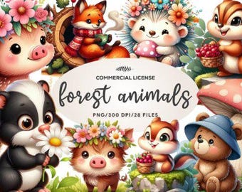 28 Forest Animals Clipart Bundle / Watercolor Woodland Animals / Cute Forest Friends PNG / Nursery Animal Clip Art