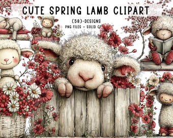 58 Cute Spring Lamb Clipart Bundle, Baby Sheep PNG Illustrations, Floral Nursery Farm Animals Sublimation